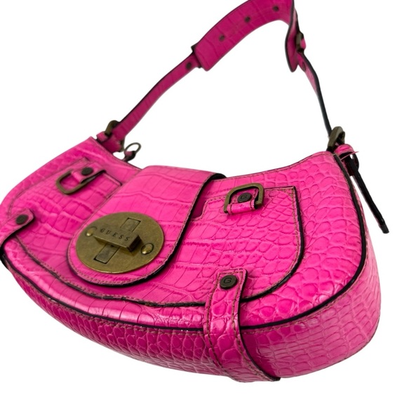 Guess Vintage Women's Mini Shoulder Bag Y2K Pink Croc Embossed Retro Barbiecore - Picture 2 of 16